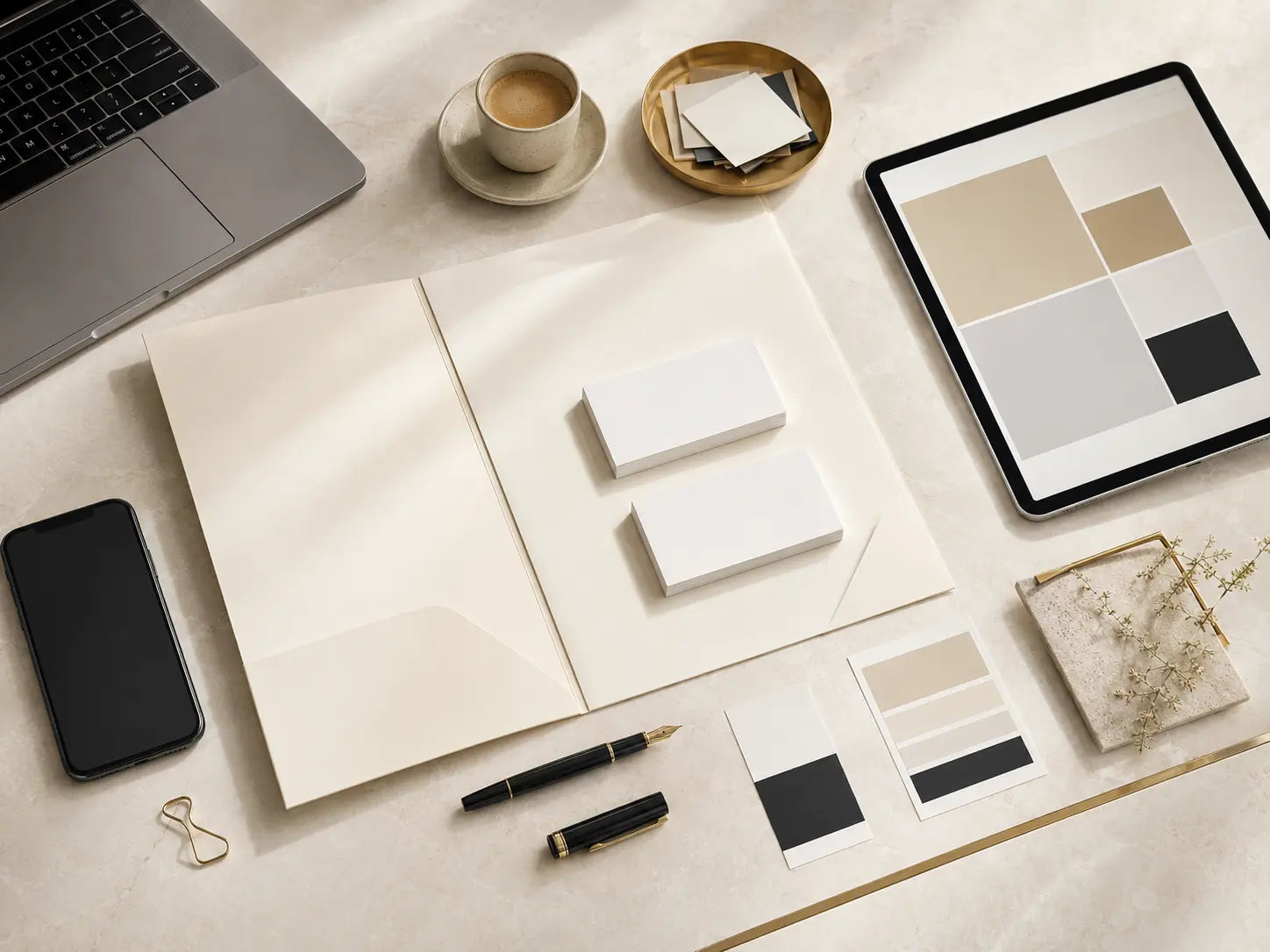 Brand identity materials, laptop, tablet and smartphone on a premium studio desk