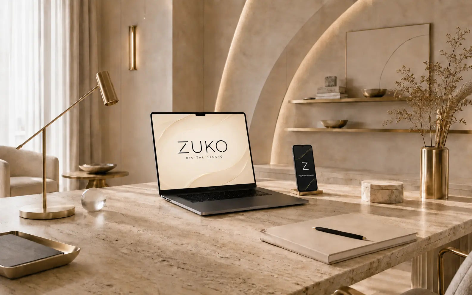 Premium ZUKO digital studio workspace with laptop and phone